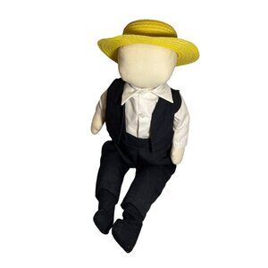 Amish Inspired Cloth Rag Doll Faceless Hat Black Vest Pants Suspenders 19" Folk